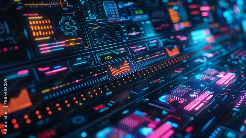 A complex and dynamic digital interface filled with various vibrant data visualizations, offering a technological and advanced feel, suitable for tech and data-related projects. A complex and dynamic digital interface filled with various vibrant data visualizations, offering a technological and advanced feel, suitable for tech and data-related projects.