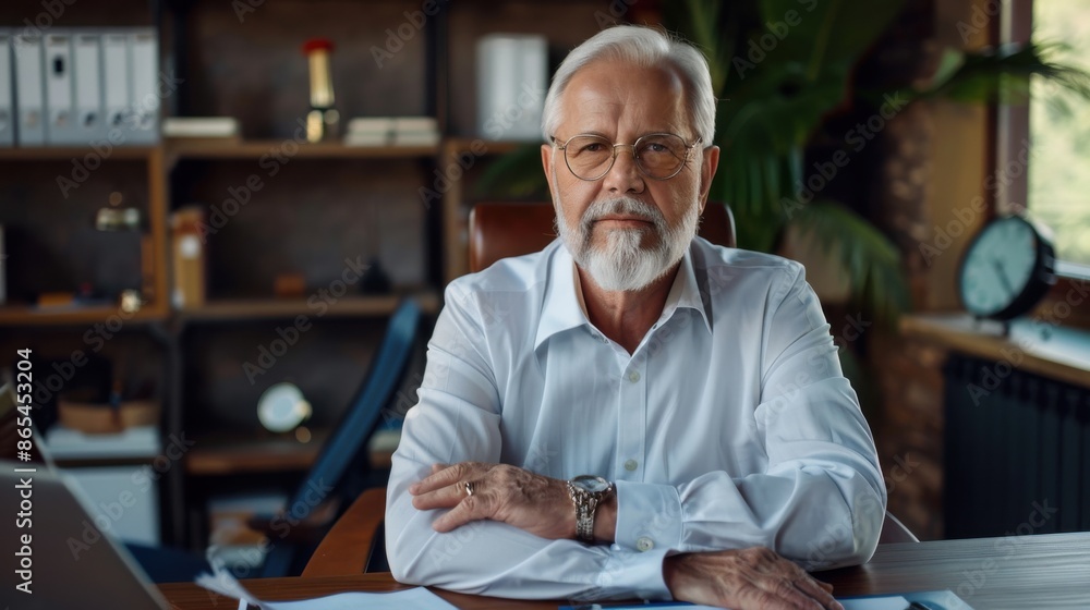 A senior executive seated at a desk, with hands folded and looking directly into the camera, exuding authority and experience A senior executive seated at a desk, with hands folded and looking directly into the camera, exuding authority and experience