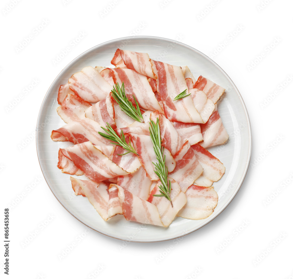 Slices of raw bacon and rosemary isolated on white, top view Slices of raw bacon and rosemary isolated on white, top view