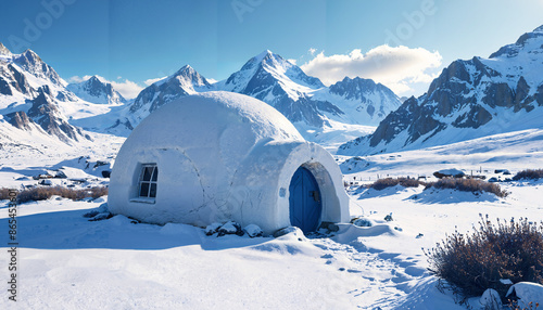 Maison de neige au pied des montagnes enneigées photo