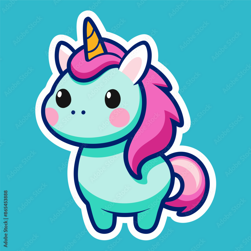 A cute unicorn with a pink mane and tail against a blue background A cute unicorn with a pink mane and tail against a blue background