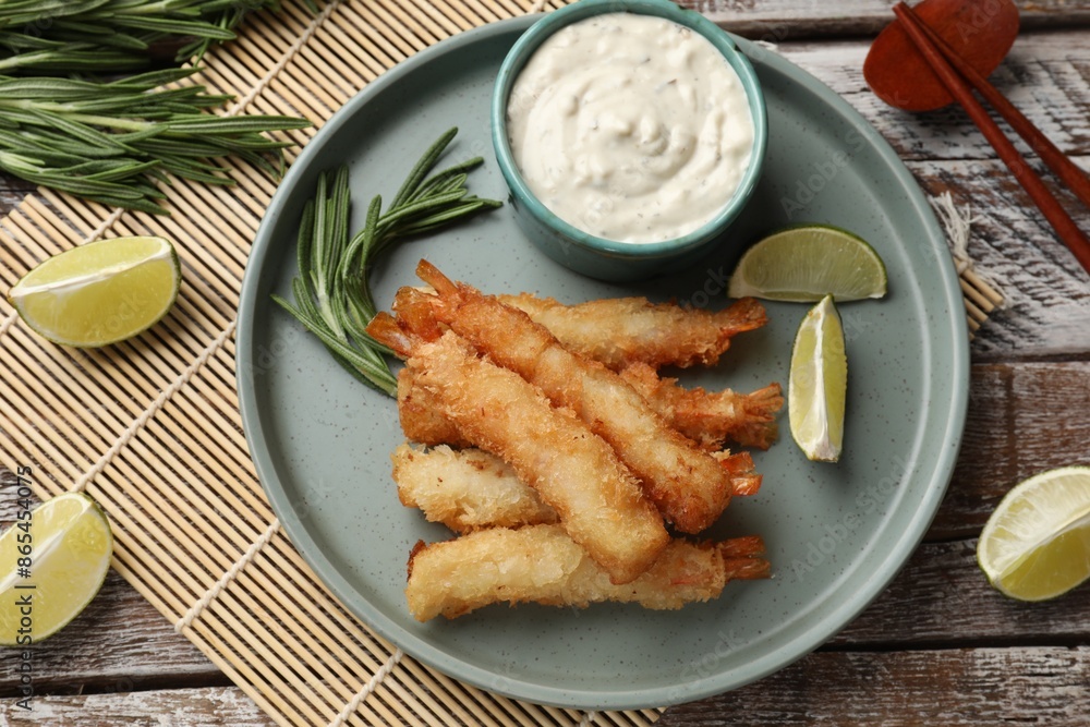 Delicious breaded fried shrimps served on wooden table, flat lay Delicious breaded fried shrimps served on wooden table, flat lay