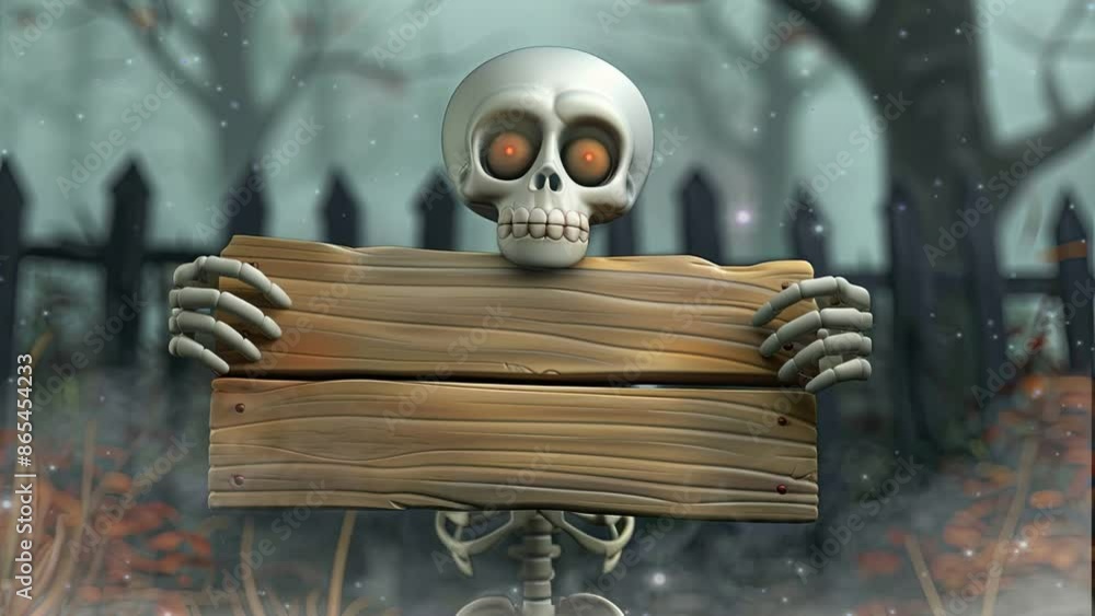 Halloween Skeleton Holding a Blank Wooden Sign in a Graveyard. Cute Digital Halloween Card Loop Halloween Skeleton Holding a Blank Wooden Sign in a Graveyard. Cute Digital Halloween Card Loop