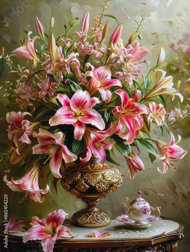 A large and stunning arrangement of pink and white lilies elegantly displayed in an ornate gold vase, symbolizing grace and beauty in a visually captivating setting. © Nima