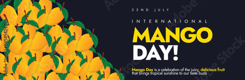 National Mango day. 22nd July Mango day celebration cover banner, social media post with fully ripped mangoes. The Day recognises all the nutritious variety this tropical fruit brings to the table. 