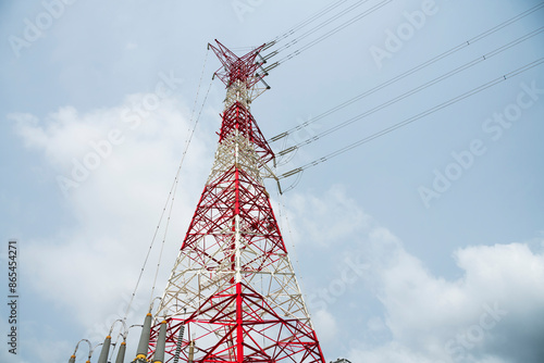 Wallpaper Mural Low-angle view of the high voltage tower and electric line with the sky background. Torontodigital.ca