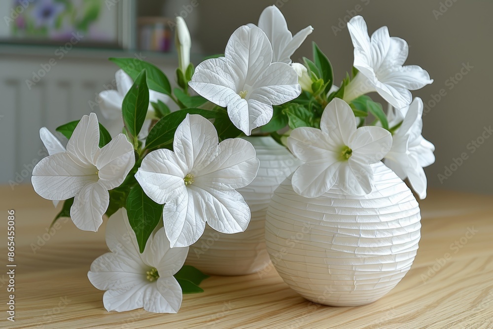 White flowers in round vases on wooden table. Bright, clean composition with focus on delicate petals fresh green leaves. Simple, elegant floral arrangement enhancing natural beauty, calm ambiance. White flowers in round vases on wooden table. Bright, clean composition with focus on delicate petals fresh green leaves. Simple, elegant floral arrangement enhancing natural beauty, calm ambiance.