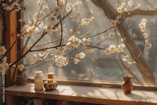 Branches of blooming white cherry blossoms bathed in soft sunlight. Delicate petals and subtle shadows create a serene, peaceful atmosphere. High-definition capture intricate beauty flowers. photo