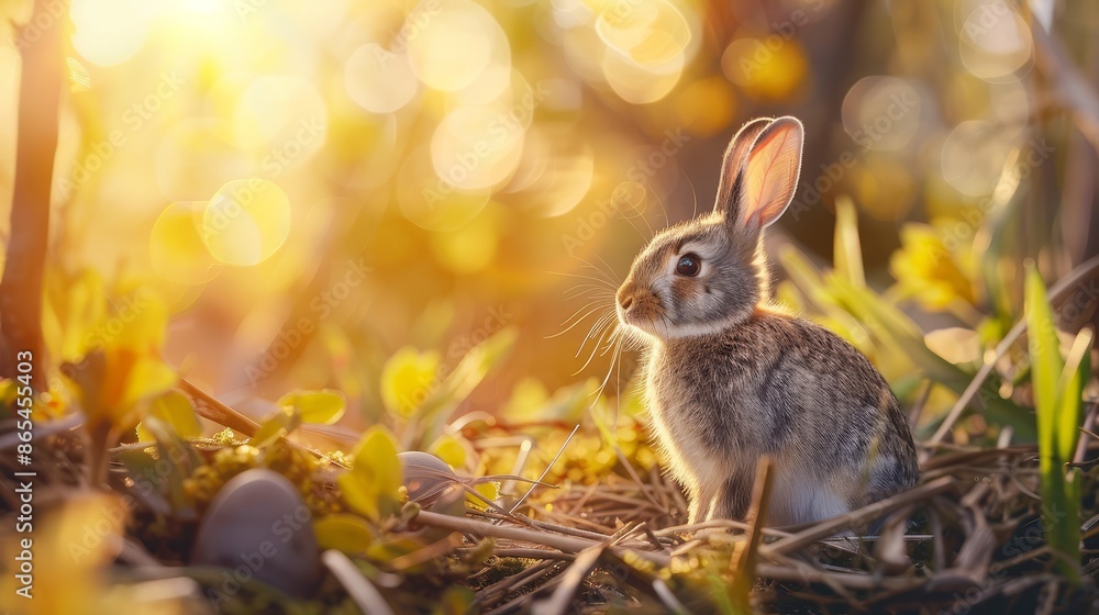Fototapeta premium A serene scene featuring a rabbit sitting among yellow flowers in a sunlit garden, capturing the essence of spring and the beauty of nature.