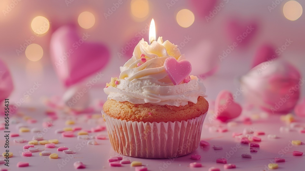 A single cupcake adorned with heart-shaped decorations, whipped cream, and a lit candle, set against a pink backdrop with glowing lights and festive ambiance. A single cupcake adorned with heart-shaped decorations, whipped cream, and a lit candle, set against a pink backdrop with glowing lights and festive ambiance.