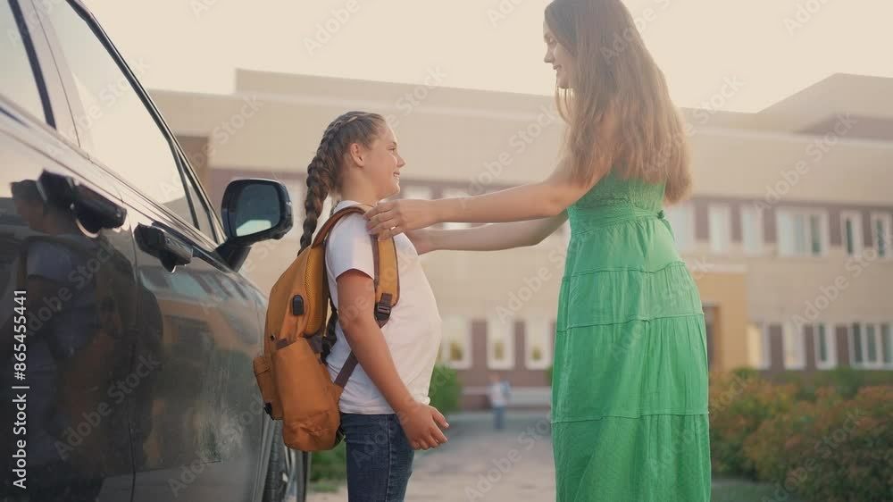 Back to school. Mom meets her daughter at school. Child mother family concept. A mom is bringing her daughter back to school. A mom is seeing her daughter lifestyle back to school. Back to school. Mom meets her daughter at school. Child mother family concept. A mom is bringing her daughter back to school. A mom is seeing her daughter lifestyle back to school.