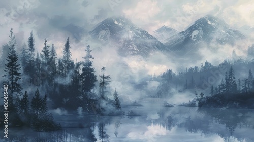 Create misty landscape artwork that beautifully captures the ethereal and serene essence of foggy natural settings.