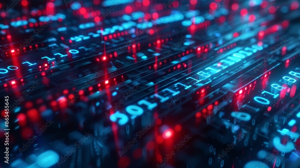 An immersive digital design with binary blue and red numbers on a dark field, representing complex data processing and the intrigue of technology-driven environments. An immersive digital design with binary blue and red numbers on a dark field, representing complex data processing and the intrigue of technology-driven environments.