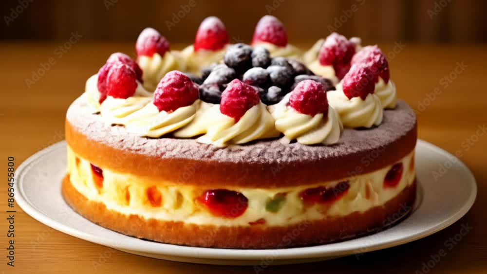 Deliciously decorated cake with berries and cream Deliciously decorated cake with berries and cream