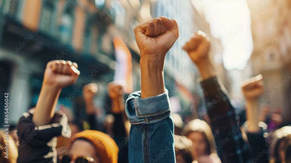 Raised fists at a protest Raised fists at a protest