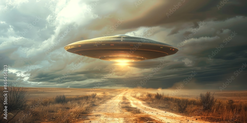 Alien Spacecraft Looming Over Countryside Road Alien Spacecraft Looming Over Countryside Road