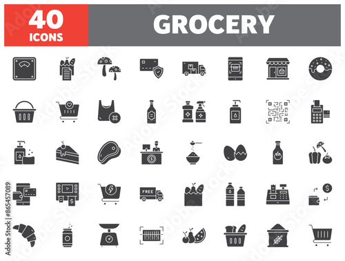 Set of 40 line icons grocery. Outline icon collection. Editable stroke. Vector illustration.