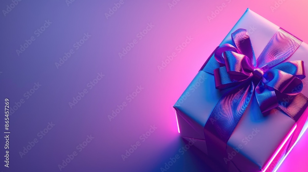 Gift box with bow on purple neon background with room for text Gift box with bow on purple neon background with room for text