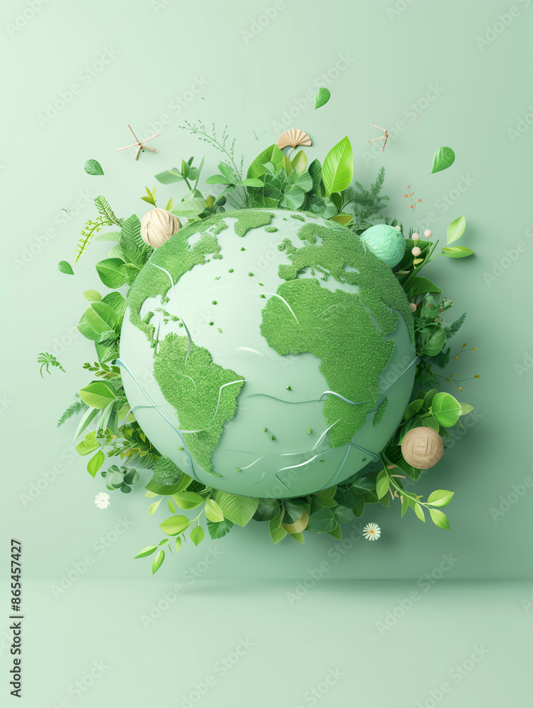 Abstract globe illustration surrounded by lush green foliage, symbolizing eco-friendly practices and global environmental conservation. Abstract globe illustration surrounded by lush green foliage, symbolizing eco-friendly practices and global environmental conservation.