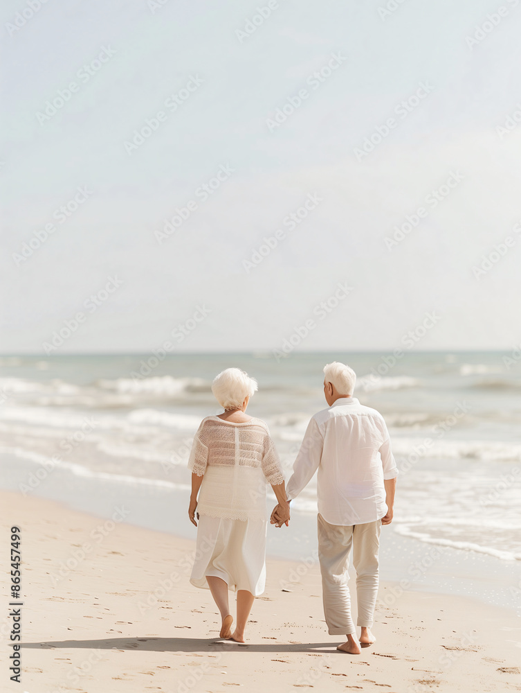 Elderly couple walking hand in hand on a sunny beach, enjoying quality time together and the serene ocean waves. Elderly couple walking hand in hand on a sunny beach, enjoying quality time together and the serene ocean waves.