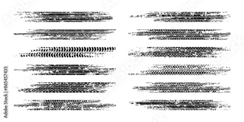 Grunge tire tracks, wheel braking marks. Truck, car or motorcycle tread pattern silhouettes. Auto race, motorsport, speed racing design element. Vector illustration