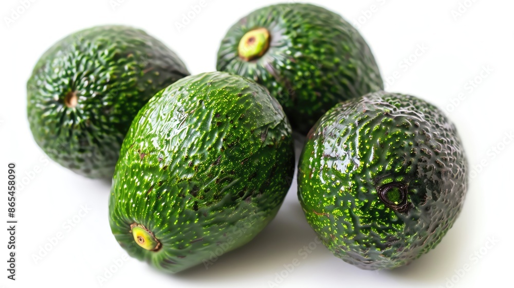 Four fresh, ripe avocados with textured green skin, displayed on a white background. Perfect for healthy eating and nutritious recipes.