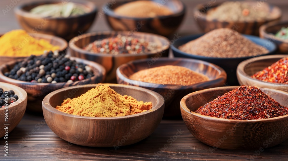An assortment of spices are displayed in wooden bowls on a rustic surface An assortment of spices are displayed in wooden bowls on a rustic surface