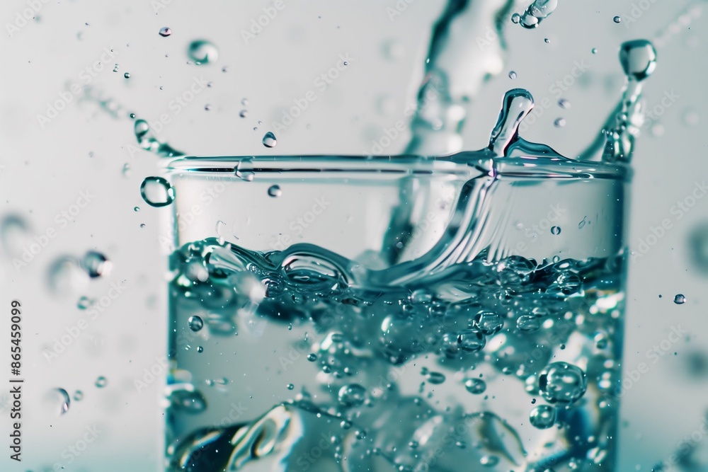 The image depicts water splashing into a glass creating a multitude of bubbles and ripples The image depicts water splashing into a glass creating a multitude of bubbles and ripples