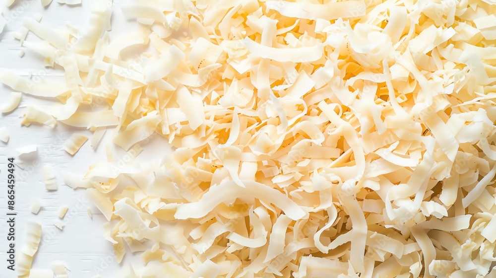 Obraz premium Close-up of shredded white soap on a white background, ideal for DIY projects, natural skincare, and homemade soap making.