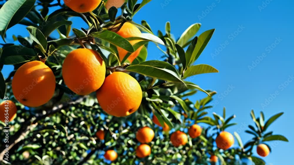 Bright citrus oranges hanging from tree against blue sky Bright citrus oranges hanging from tree against blue sky