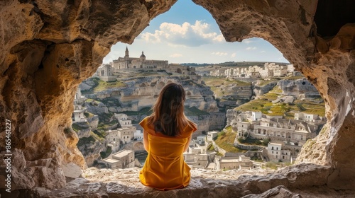 beautiful woman on her back inside a heart-shaped cave overlooking an ancient style city