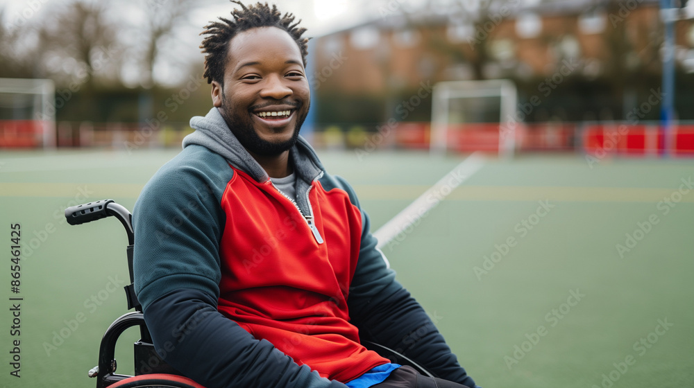 Obraz premium Disabled black man on astroturf smiling at the camera. Paralympic athletic training. Hockey player in wheelchair in a jacket in autumn winter laughing candidly. Diversity and inclusivity in sport. 