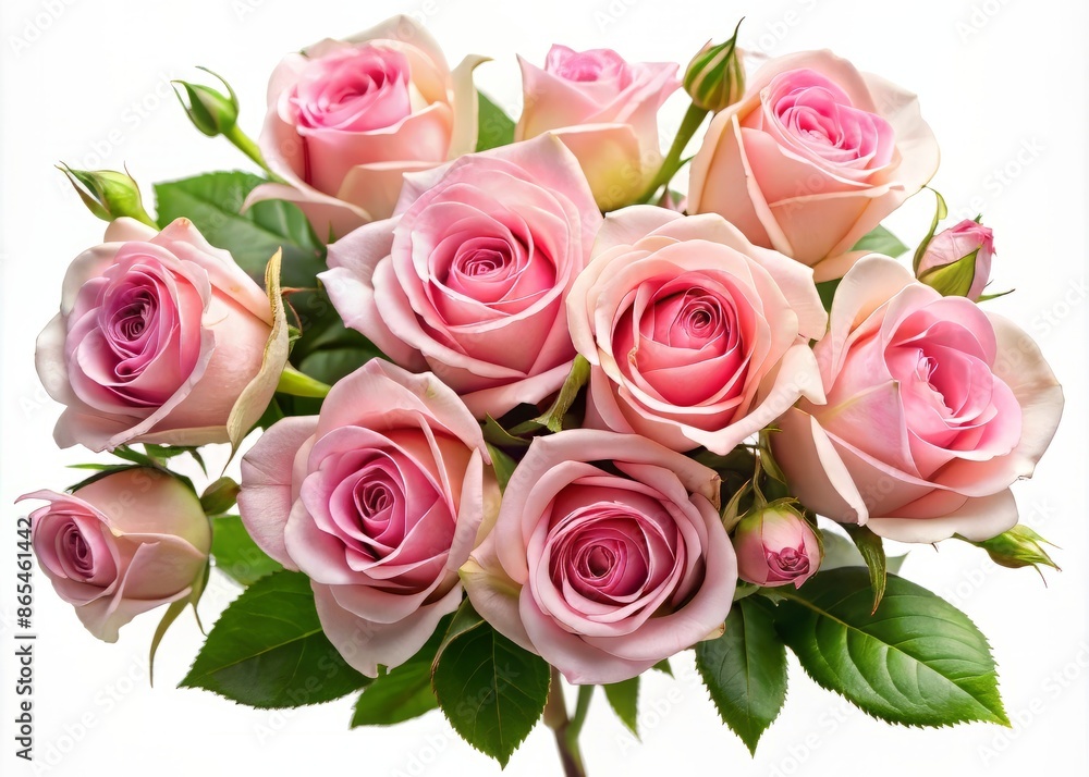 Delicate pink rose flowers and buds are beautifully arranged in a festive corner floral design, isolated on a clean white background, exuding elegance and serenity. Delicate pink rose flowers and buds are beautifully arranged in a festive corner floral design, isolated on a clean white background, exuding elegance and serenity.