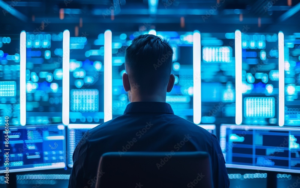 Cybersecurity expert monitoring data on multiple screens, digital security, protecting information in the tech era Cybersecurity expert monitoring data on multiple screens, digital security, protecting information in the tech era