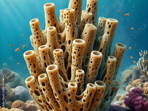 bright image of a yellow sponge animal colony around sand and coral reefs in the sea bottom	
