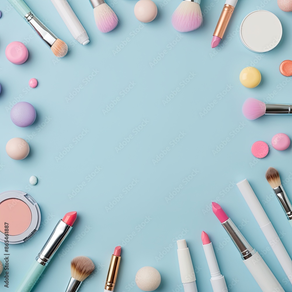 Makeup items border, blank center, vibrant and playful background, lip balms, palettes, brushes Makeup items border, blank center, vibrant and playful background, lip balms, palettes, brushes