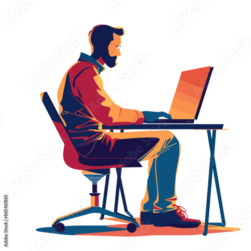 Bearded man sitting at the desk and working on a laptop. Vector illustration.