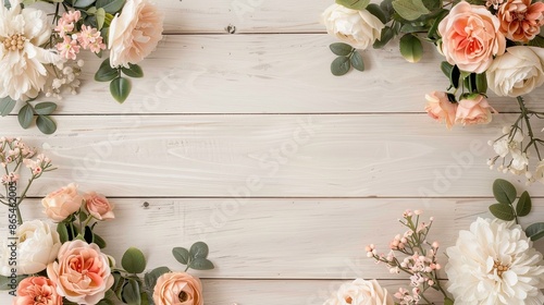 Flower mix border frame, roses and other flowers, blank center, distressed wood background, rustic and charming