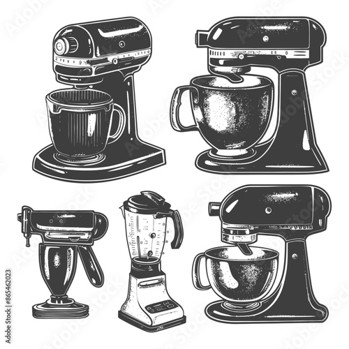Vintage Kitchen Appliances: Engraved Style Stand Mixers, Blender, and Meat Grinder Collection.
