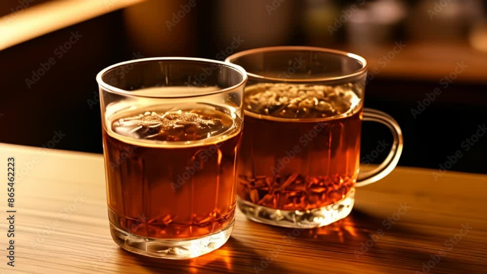 Two glasses of amber liquid with ice cubes possibly beer or whiskey on a wooden surface Two glasses of amber liquid with ice cubes possibly beer or whiskey on a wooden surface