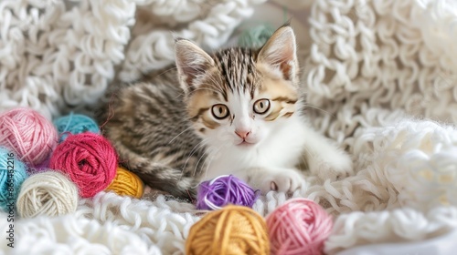 A cute kitten is lying on a soft blanket. Cats are resting, dozing on the bed next to bright wool balls. Pets in a cozy house.