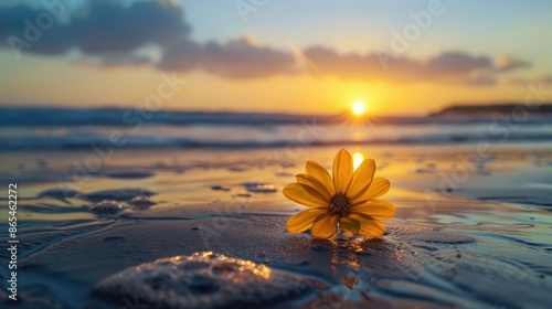 Fototapeta Naklejka Na Ścianę i Meble -  Sunlit yellow flower on a beach at sunset