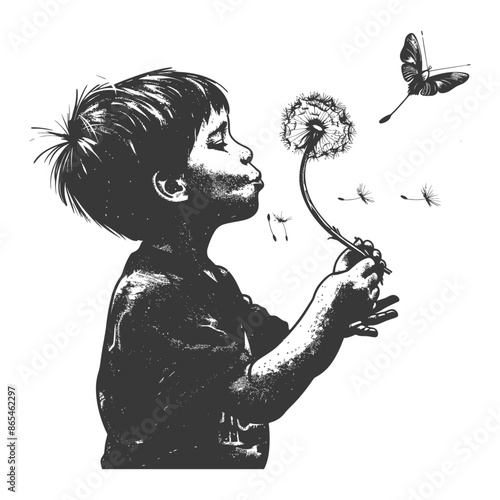 Boy blowing dandelion seeds, butterfly flutters by, monochrome illustration.