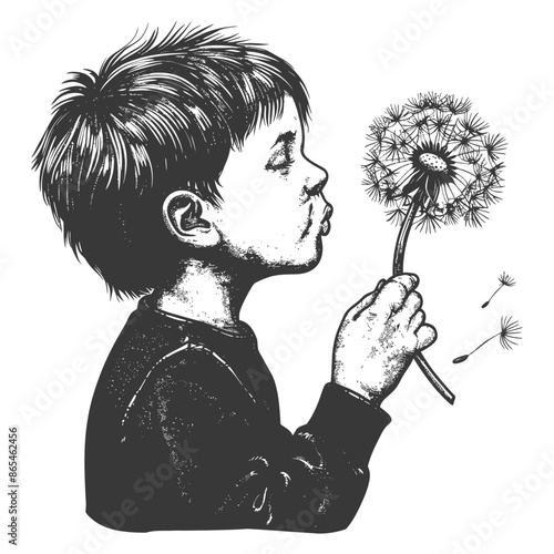Boy blowing dandelion seeds, ink sketch, making a wish.