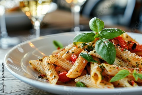 A plate of pasta with a generous amount of basil on top photo