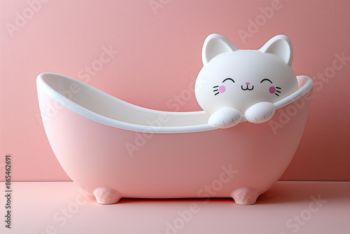 A cute novelty bathtub with a white cat face. Unusual bathroom product or decor on a pink background. Kids bathroom idea. photo