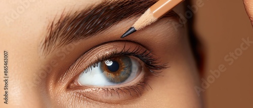 Closeup of a woman s eyebrows being shaped with a brow pencil, eyebrow shaping, brow makeup photo