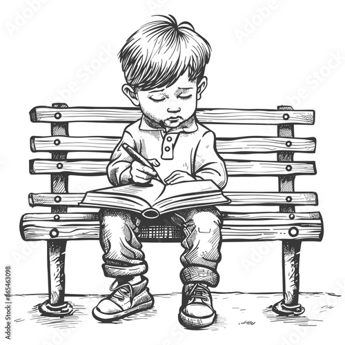 Pensive Boy on Bench, Focused Writing, Sketch Style Illustration.