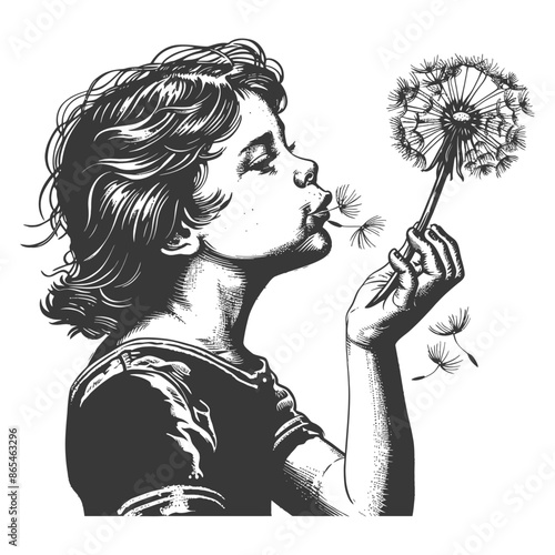 Girl blowing dandelion seeds, vintage etched illustration, dreams and wishes.
