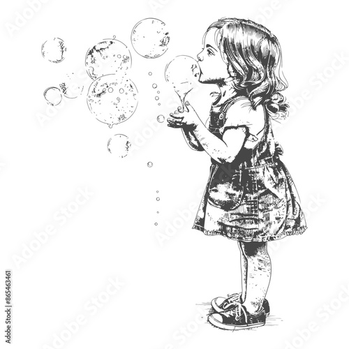 Pencil Sketch of Girl Blowing Bubbles, Whimsical Childhood Illustration.